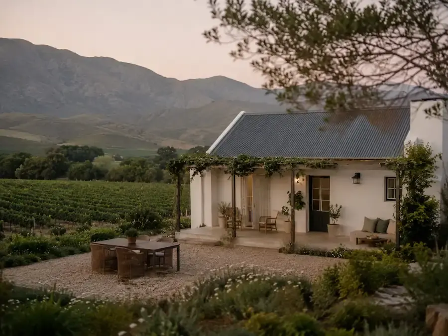 A modern vineyard suite with a view over the Winelands