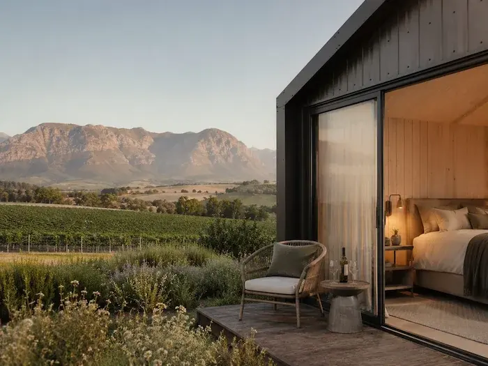 A whitewashed vineyard cottage at dusk